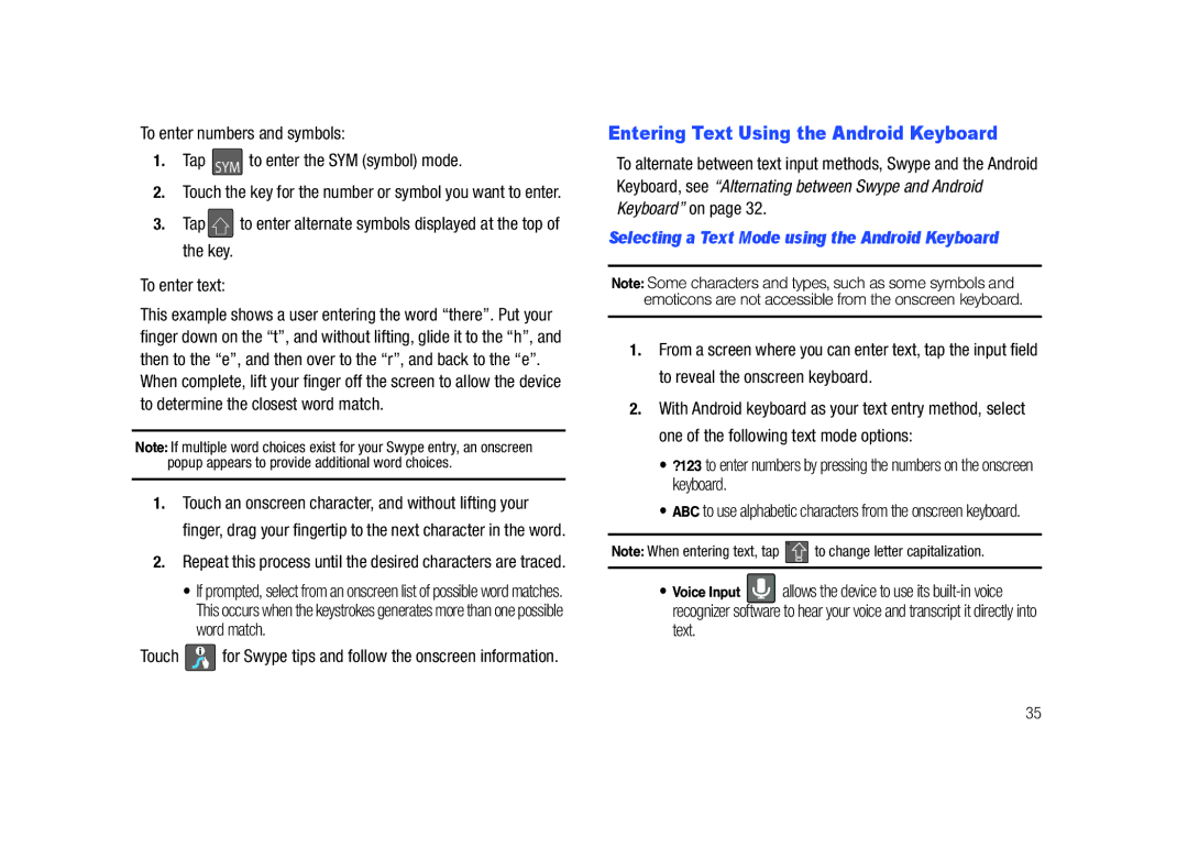 Samsung SCH-M828C user manual Entering Text Using the Android Keyboard, Selecting a Text Mode using the Android Keyboard 