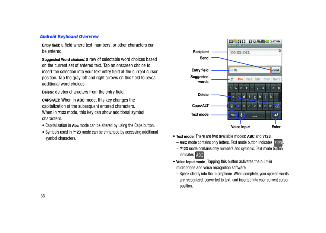 Samsung SCH-M828C user manual Android Keyboard Overview, Text mode There are two available modes ABC and ?123 