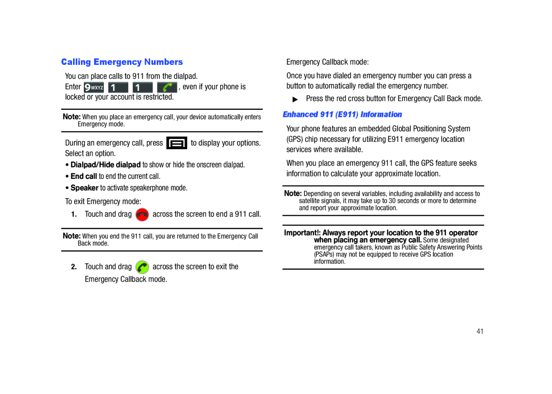 Samsung SCH-M828C user manual Calling Emergency Numbers, Enhanced 911 E911 Information 