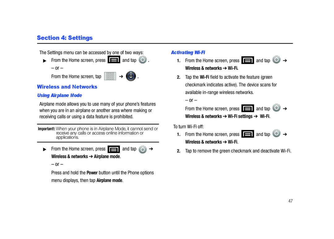 Samsung SCH-M828C user manual Settings, Wireless and Networks, Using Airplane Mode, Activating Wi-Fi 