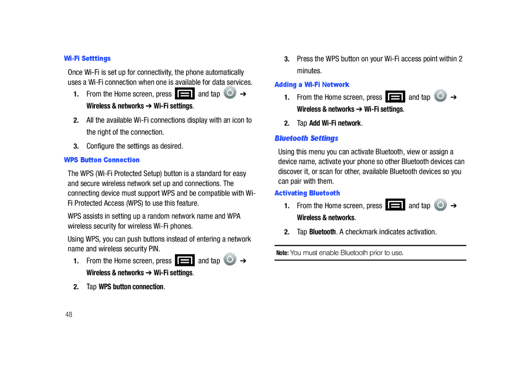 Samsung SCH-M828C user manual Tap WPS button connection, Tap Add Wi-Fi network, Bluetooth Settings 