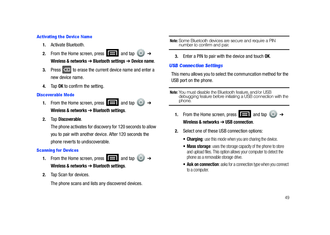 Samsung SCH-M828C user manual Activate Bluetooth, Tap Discoverable, USB Connection Settings 