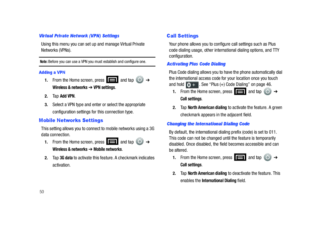 Samsung SCH-M828C user manual Mobile Networks Settings, Call Settings, Virtual Private Network VPN Settings 