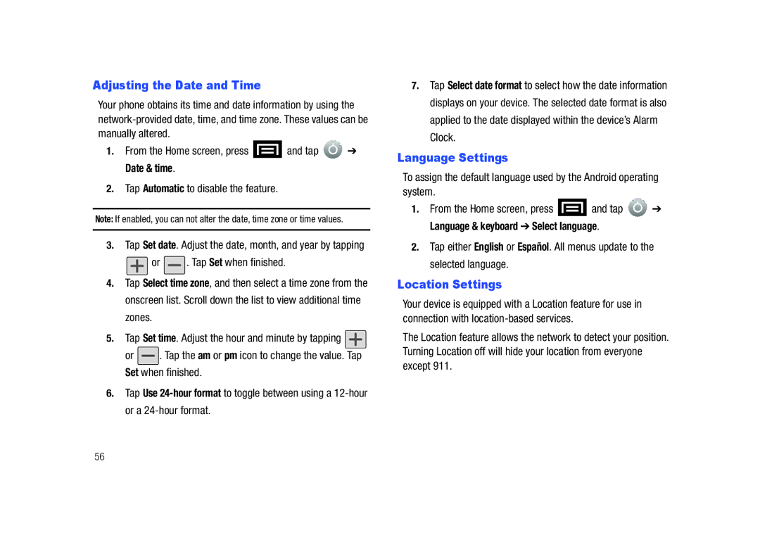 Samsung SCH-M828C user manual Adjusting the Date and Time, Language Settings, Location Settings 