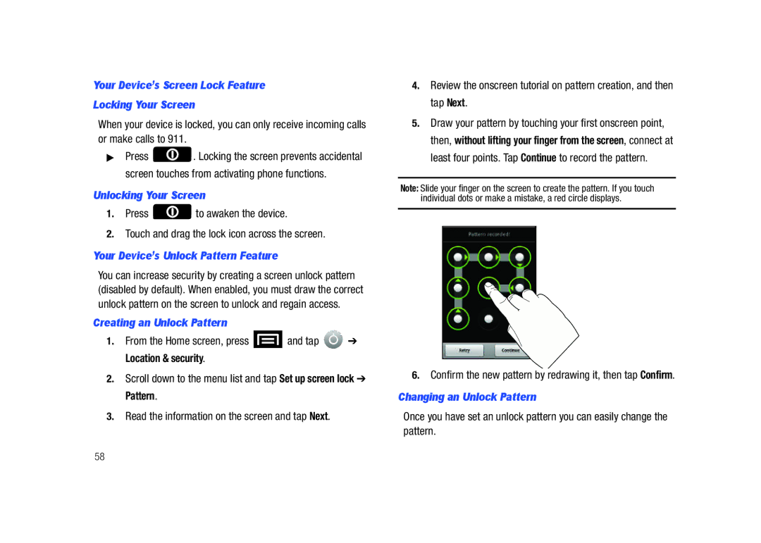 Samsung SCH-M828C Your Device’s Screen Lock Feature Locking Your Screen, Unlocking Your Screen, Creating an Unlock Pattern 