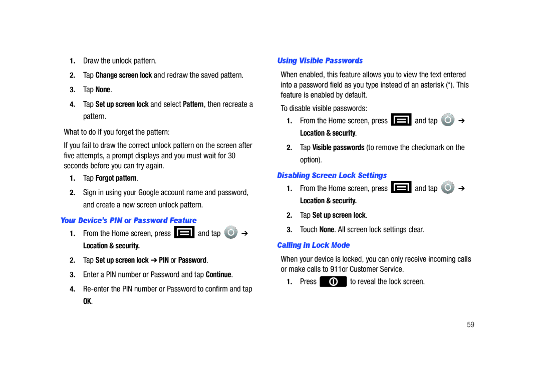 Samsung SCH-M828C Your Device’s PIN or Password Feature, Using Visible Passwords, Disabling Screen Lock Settings 