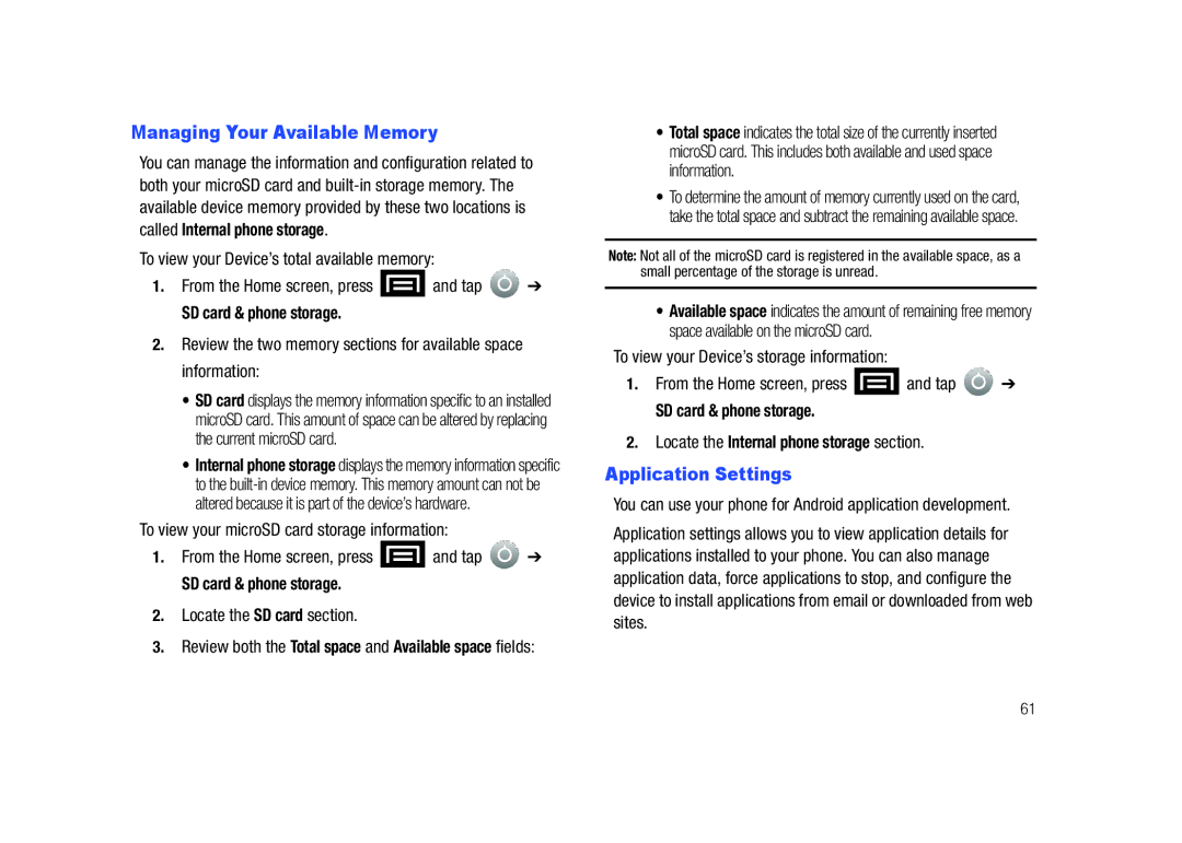 Samsung SCH-M828C user manual Managing Your Available Memory, Application Settings, Called Internal phone storage 