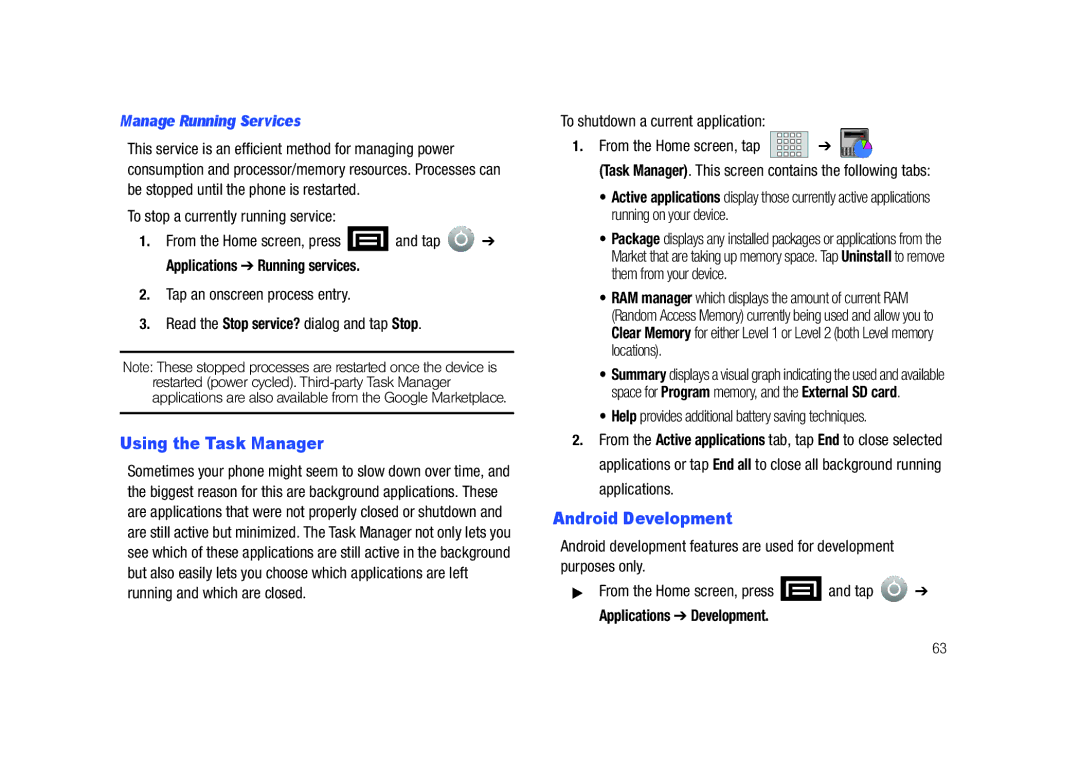 Samsung SCH-M828C user manual Using the Task Manager, Android Development, Manage Running Services 