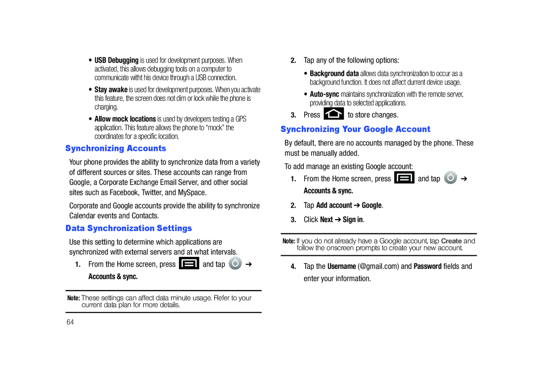 Samsung SCH-M828C user manual Synchronizing Accounts, Data Synchronization Settings, Synchronizing Your Google Account 