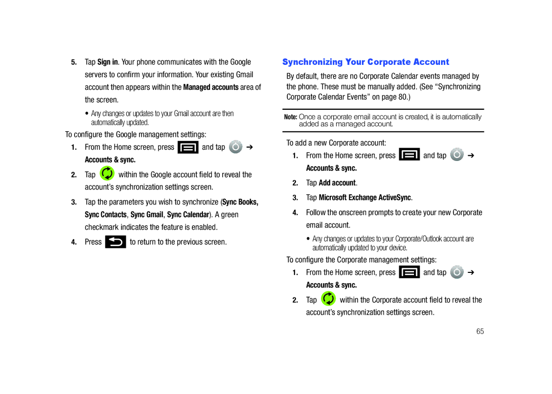 Samsung SCH-M828C user manual Synchronizing Your Corporate Account, Press to return to the previous screen 