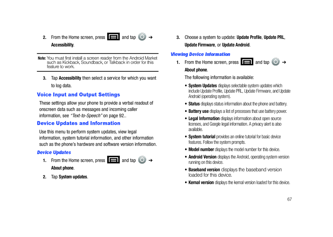 Samsung SCH-M828C user manual Voice Input and Output Settings, Device Updates and Information, Tap System updates 