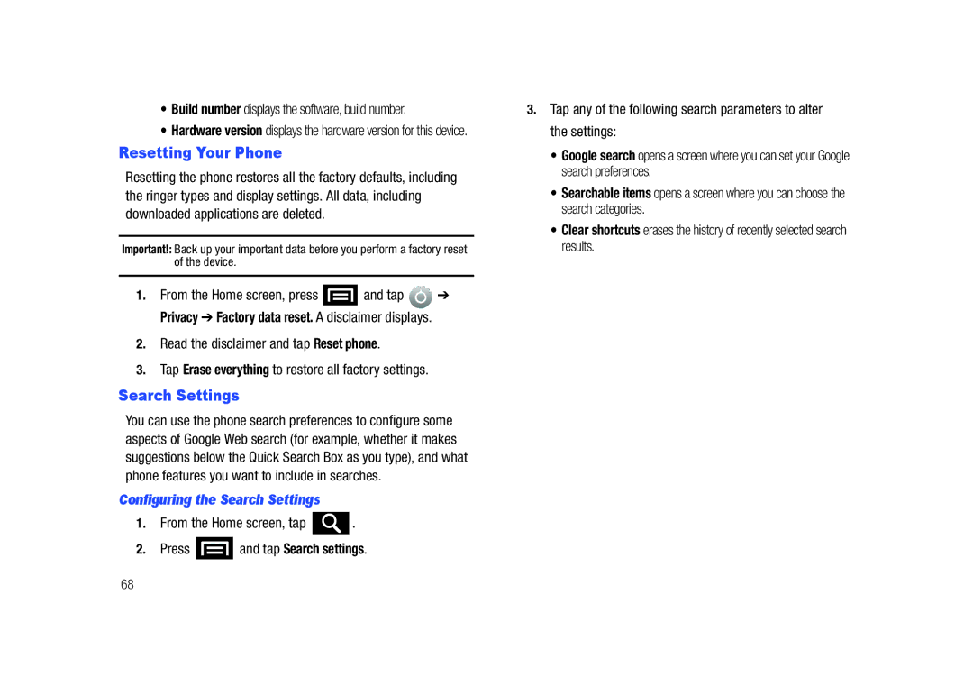 Samsung SCH-M828C user manual Resetting Your Phone, Search Settings, Build number displays the software, build number 