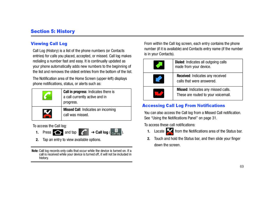 Samsung SCH-M828C History, Viewing Call Log, Accessing Call Log From Notifications, To access these call notifications 