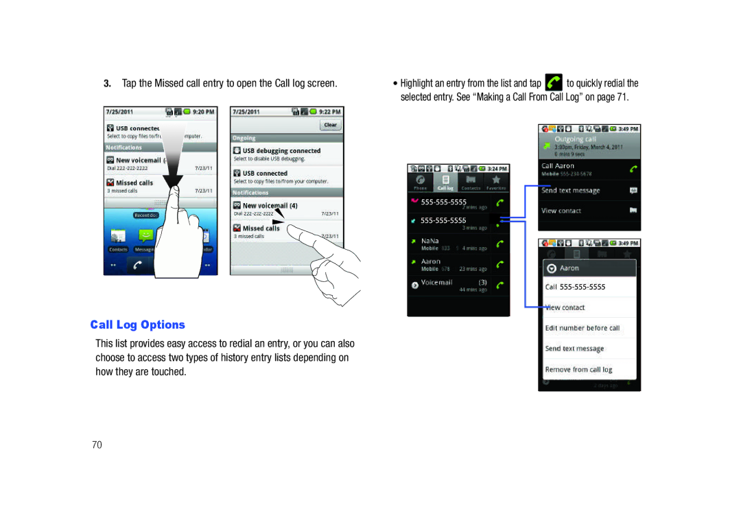 Samsung SCH-M828C user manual Call Log Options, Tap the Missed call entry to open the Call log screen 