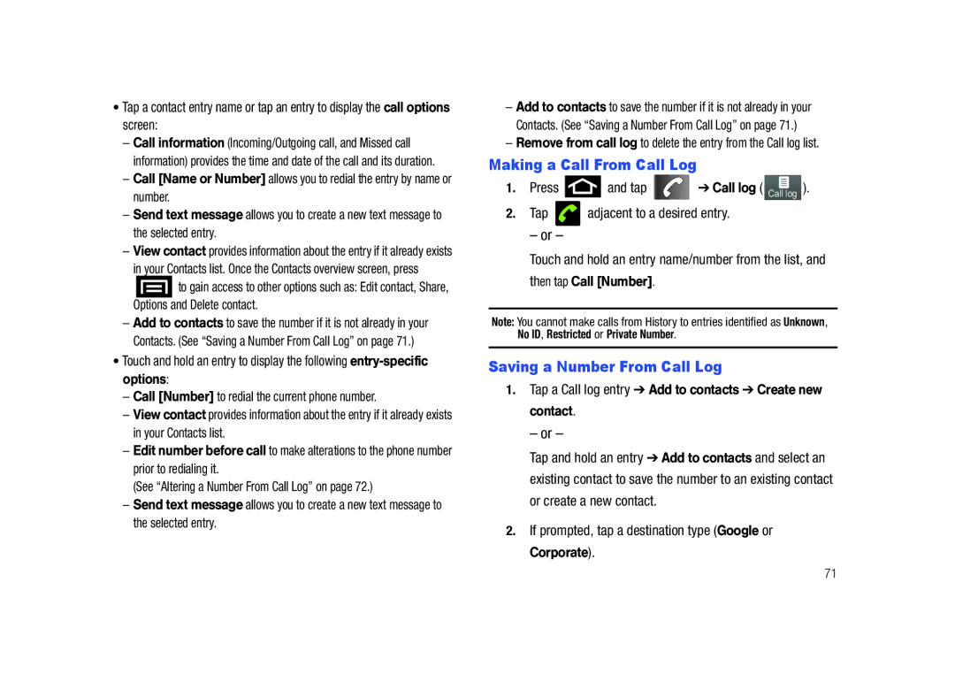 Samsung SCH-M828C user manual Making a Call From Call Log, Saving a Number From Call Log, Press Tap 