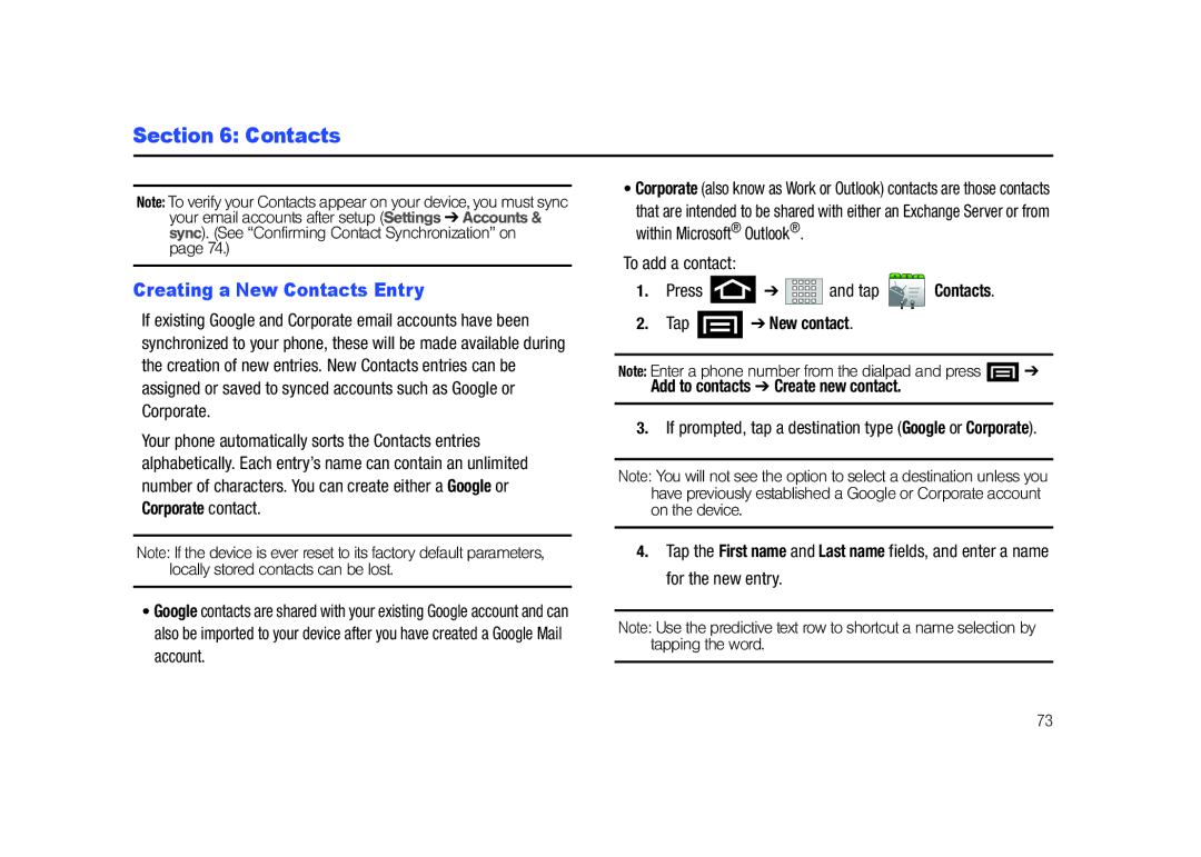 Samsung SCH-M828C user manual Creating a New Contacts Entry, To add a contact Press and tap Contacts 