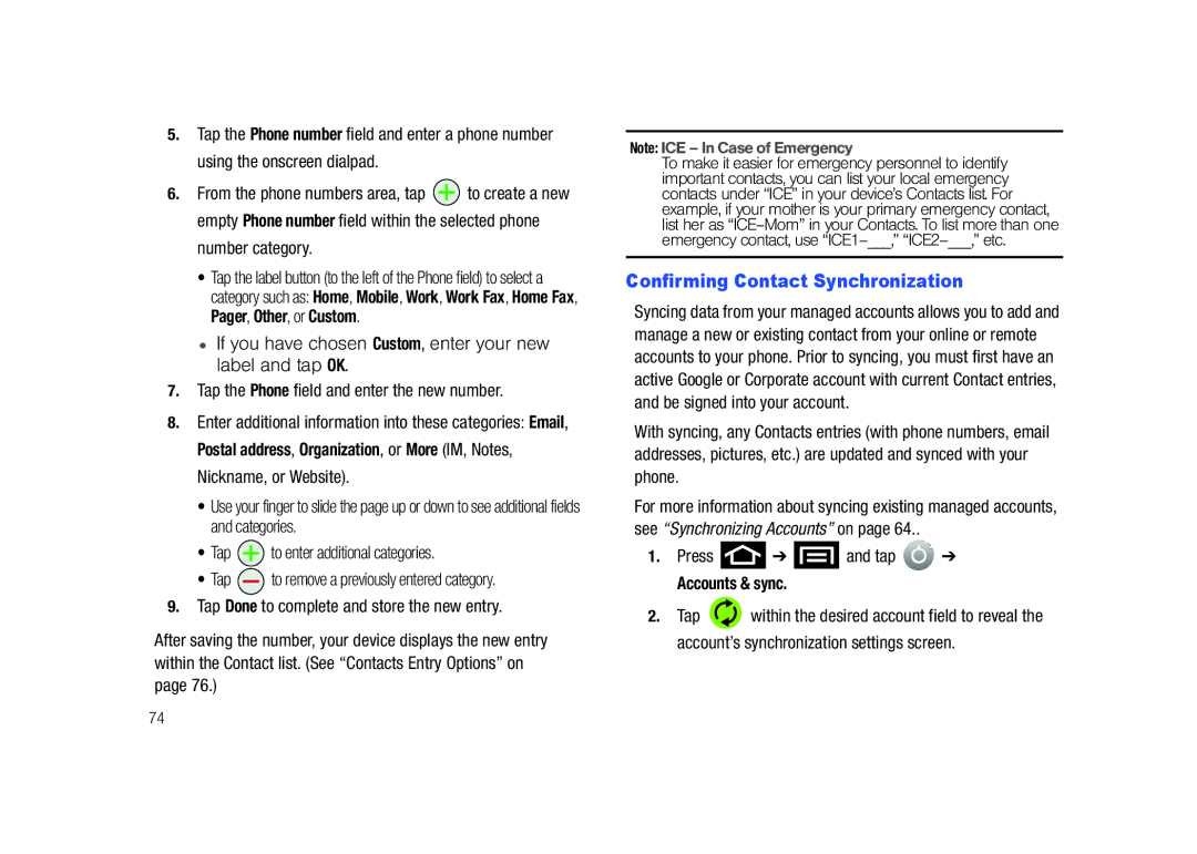 Samsung SCH-M828C Confirming Contact Synchronization, Number category, Tap the Phone field and enter the new number 