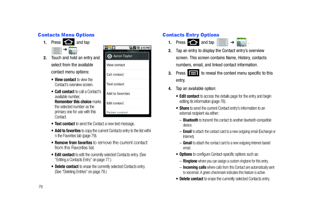 Samsung SCH-M828C Contacts Menu Options, Contacts Entry Options, Options to configure Contact-specific options such as 