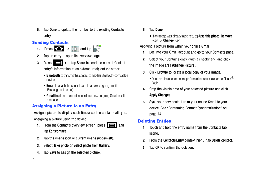 Samsung SCH-M828C user manual Sending Contacts, Assigning a Picture to an Entry, Deleting Entries 