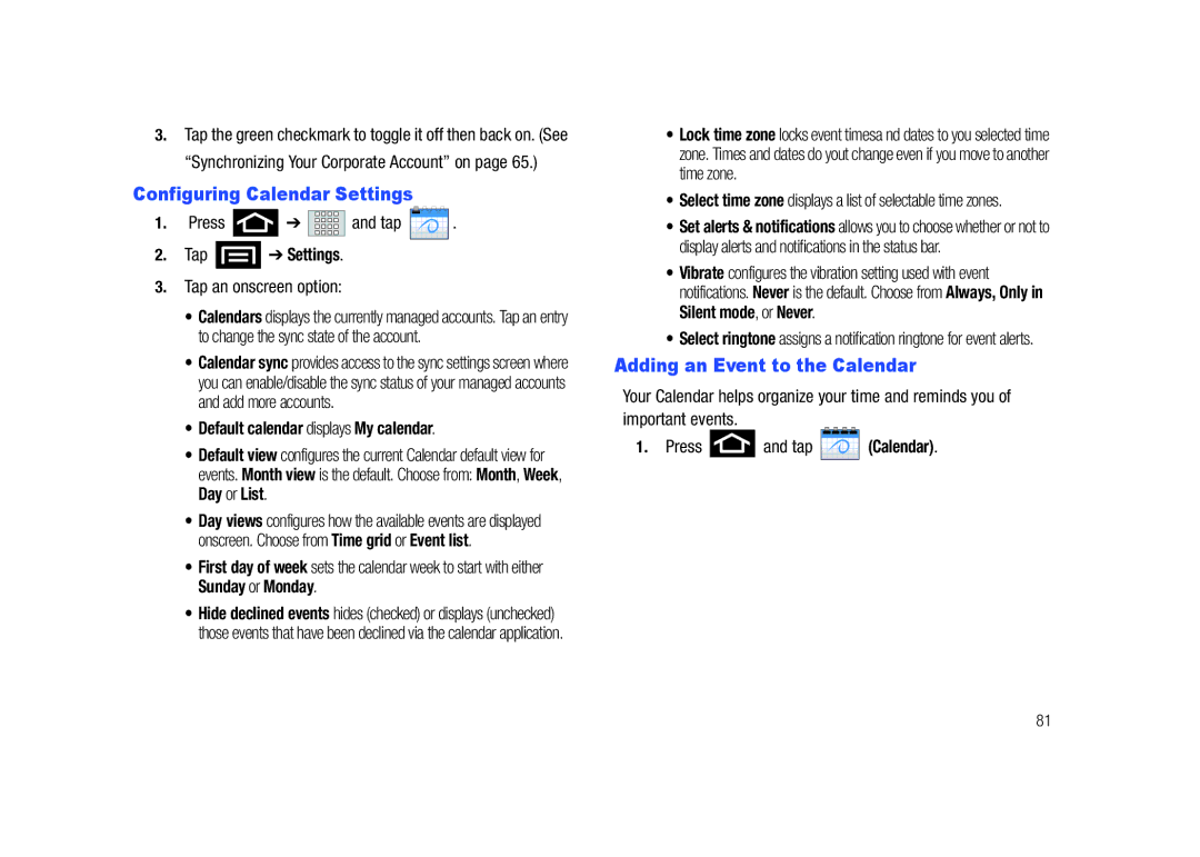 Samsung SCH-M828C Configuring Calendar Settings, Adding an Event to the Calendar, Tap Settings, Tap an onscreen option 