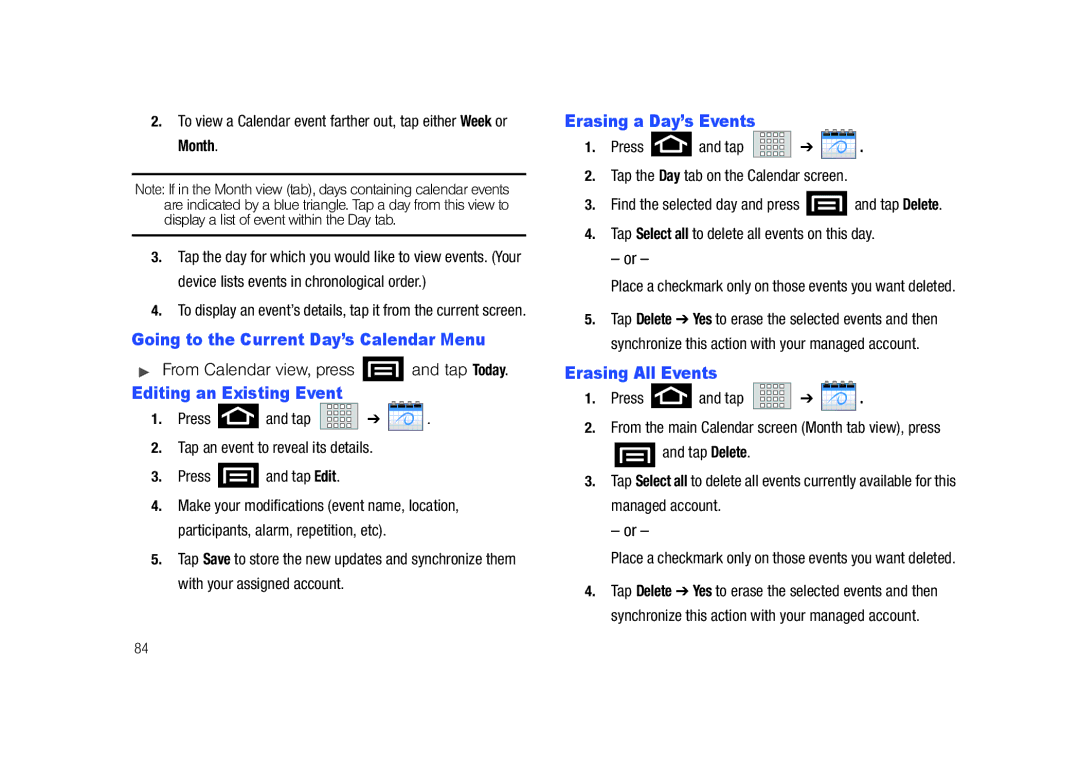 Samsung SCH-M828C user manual Going to the Current Day’s Calendar Menu, Editing an Existing Event, Erasing a Day’s Events 