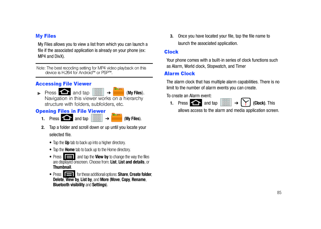 Samsung SCH-M828C user manual My Files, Accessing File Viewer, Opening Files in File Viewer, Alarm Clock 