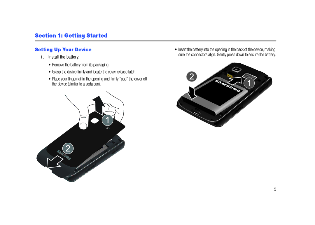 Samsung SCH-M828C Getting Started, Setting Up Your Device, Install the battery Remove the battery from its packaging 