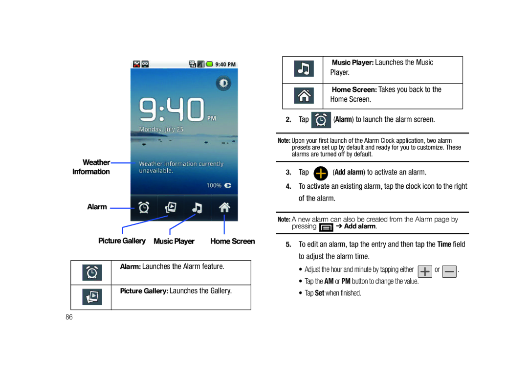 Samsung SCH-M828C user manual Weather Information Alarm PictureGallery Music Player, HomeScreen 