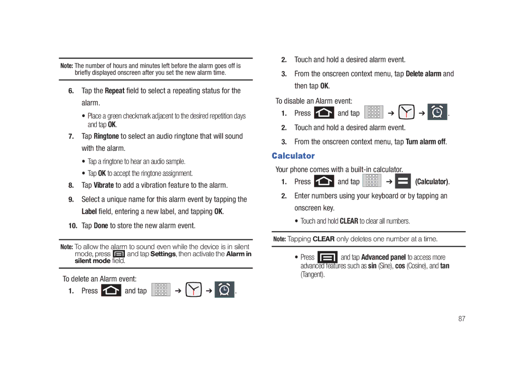 Samsung SCH-M828C user manual Calculator, Tap Done to store the new alarm event, Silent mode field 