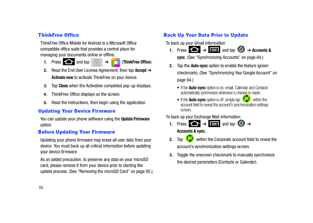 Samsung SCH-M828C user manual ThinkFree Office, Updating Your Device Firmware, Before Updating Your Firmware, Press Tap 