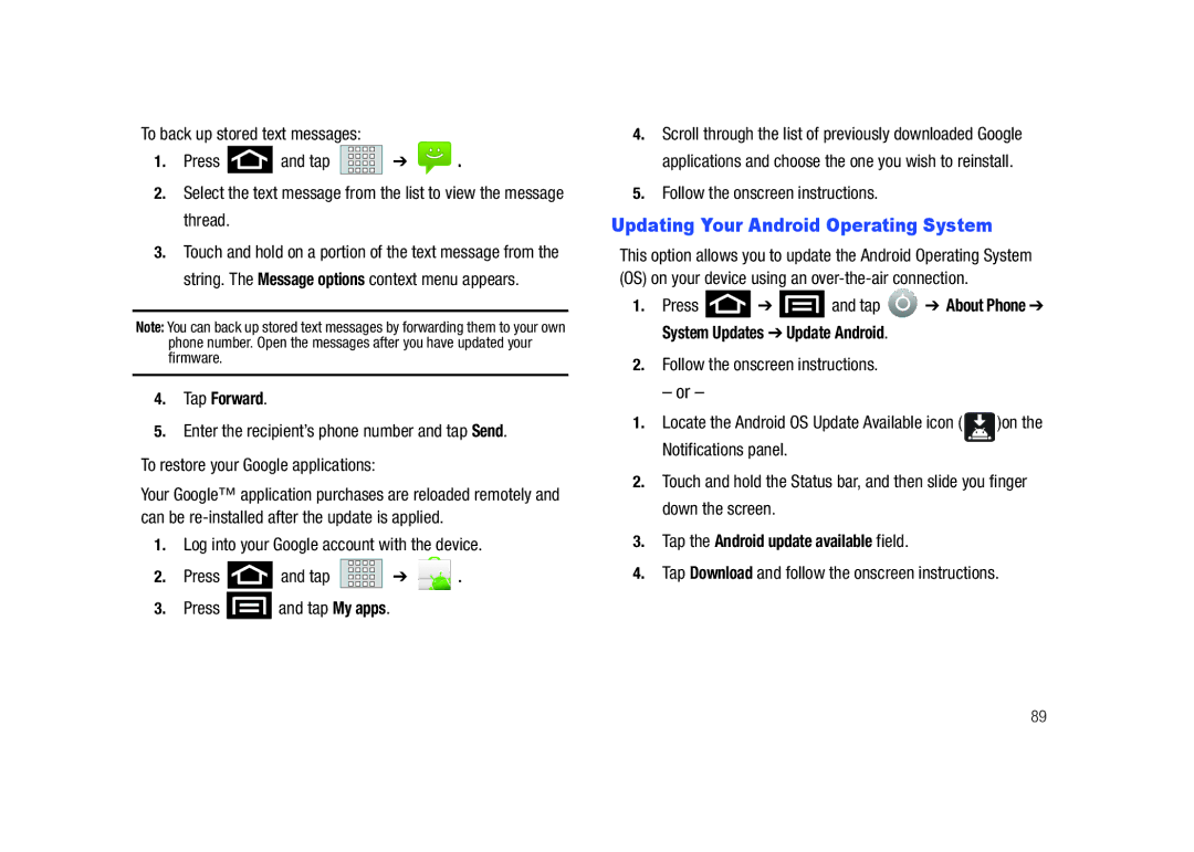 Samsung SCH-M828C user manual Updating Your Android Operating System, Tap Forward, Follow the onscreen instructions 