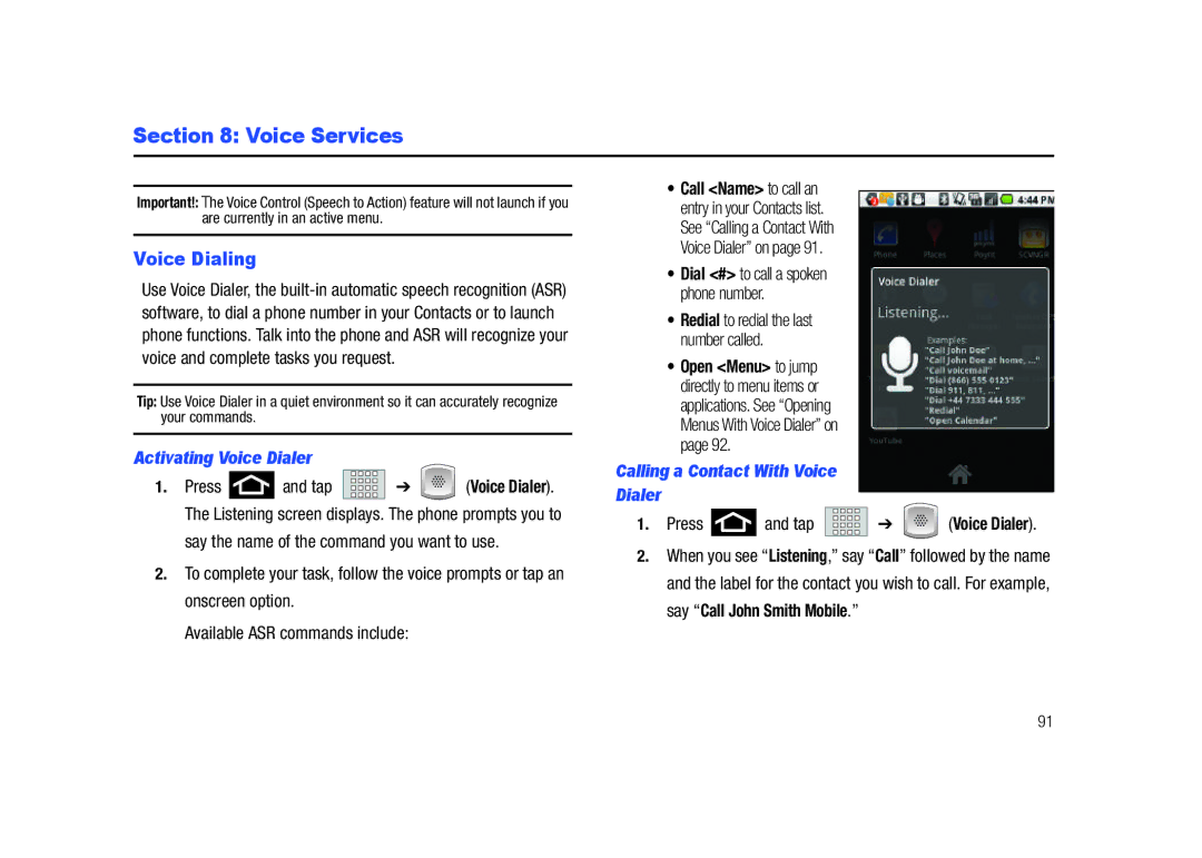 Samsung SCH-M828C user manual Voice Services, Voice Dialing, Activating Voice Dialer, Calling a Contact With Voice Dialer 