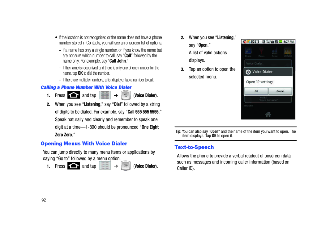 Samsung SCH-M828C user manual Opening Menus With Voice Dialer, Text-to-Speech, Calling a Phone Number With Voice Dialer 