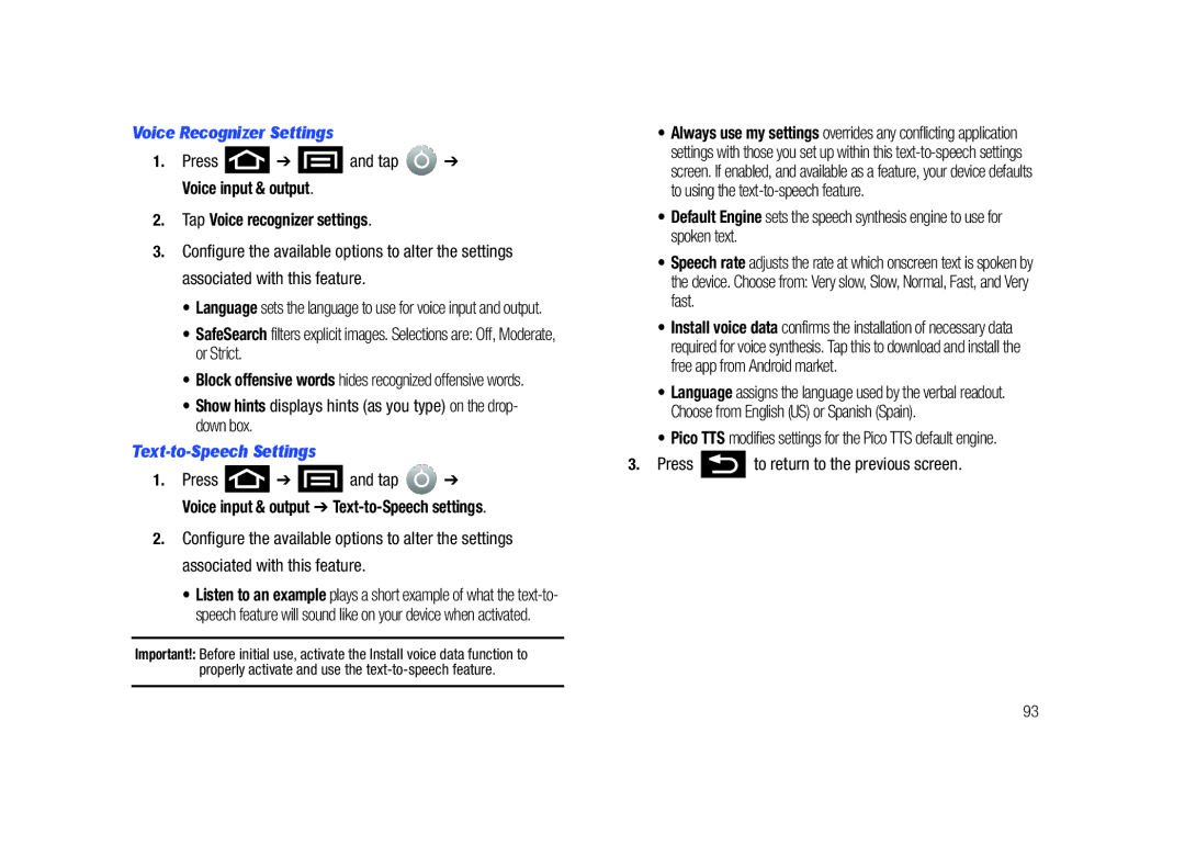 Samsung SCH-M828C user manual Voice Recognizer Settings, Press and tap Voice input & output, Tap Voice recognizer settings 