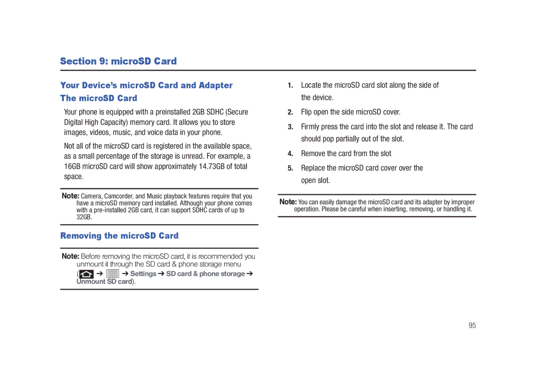 Samsung SCH-M828C MicroSD Card, Your Device’s microSD Card and Adapter The microSD Card, Removing the microSD Card 