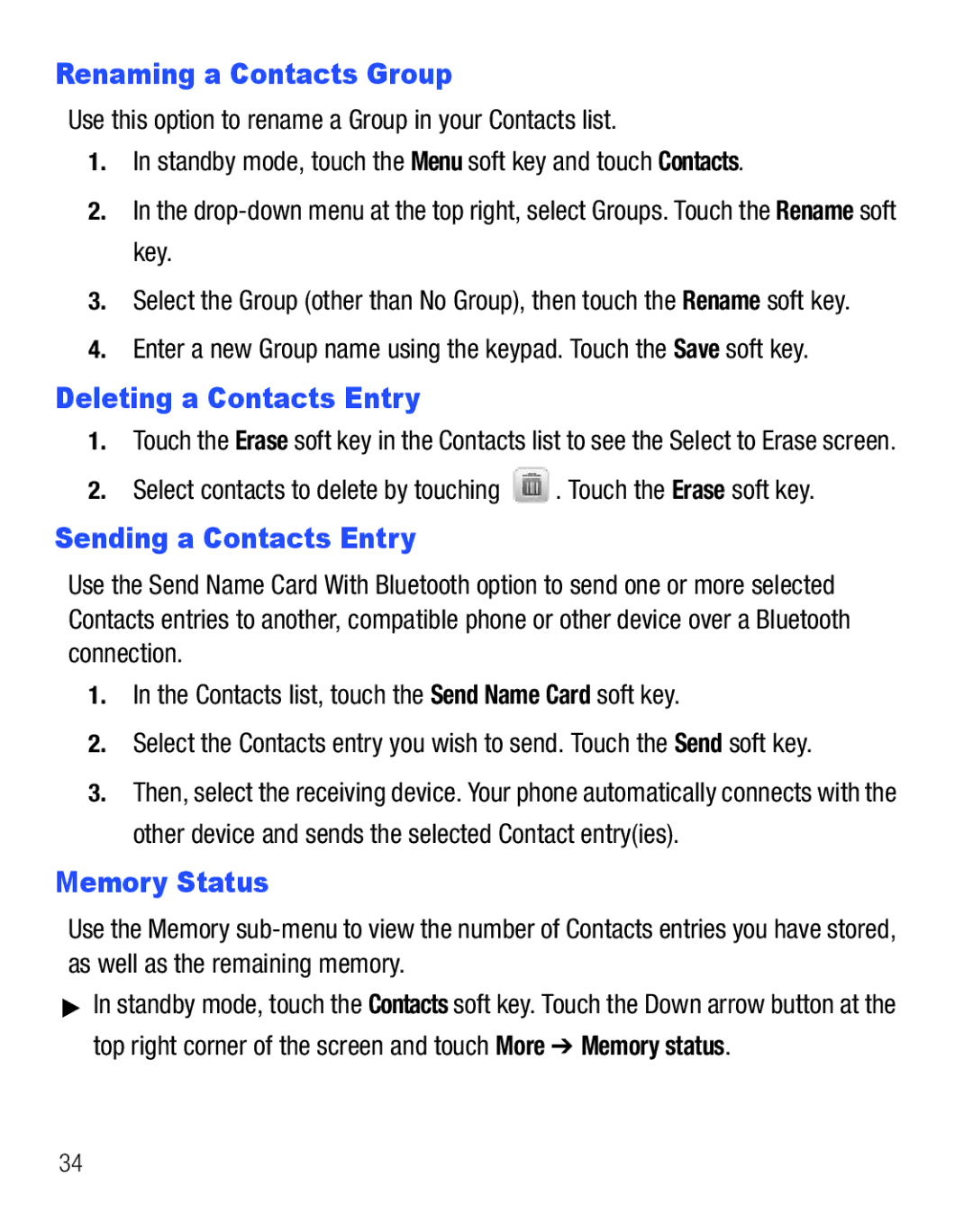 Samsung SCH-R810C user manual Renaming a Contacts Group, Deleting a Contacts Entry, Sending a Contacts Entry, Memory Status 