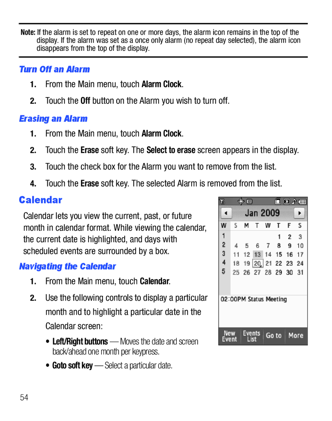 Samsung SCH-R810C Turn Off an Alarm, Erasing an Alarm, Navigating the Calendar, Goto soft key Select a particular date 