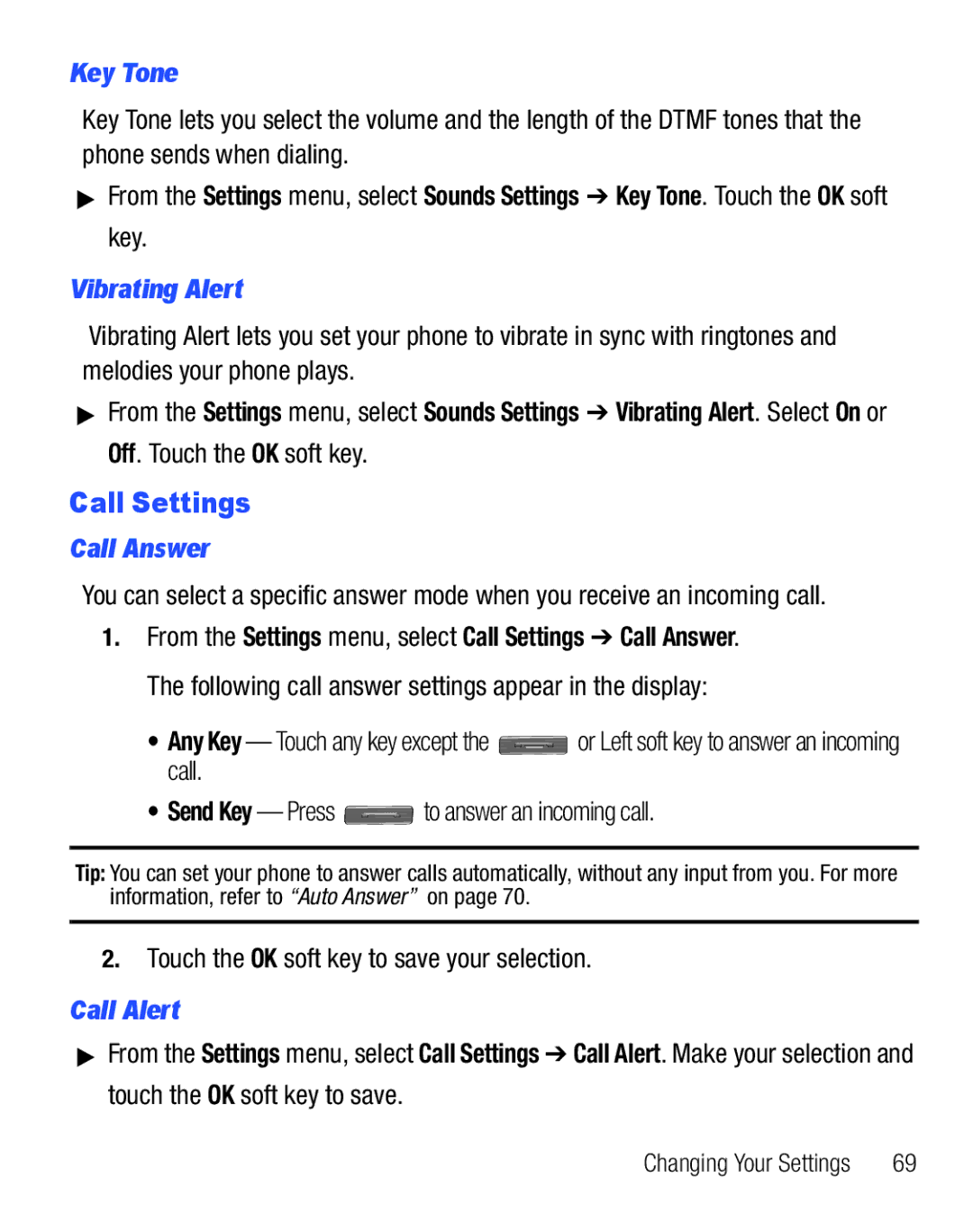 Samsung SCH-R810C user manual Call Settings, Key Tone, Vibrating Alert, Call Answer, Call Alert 