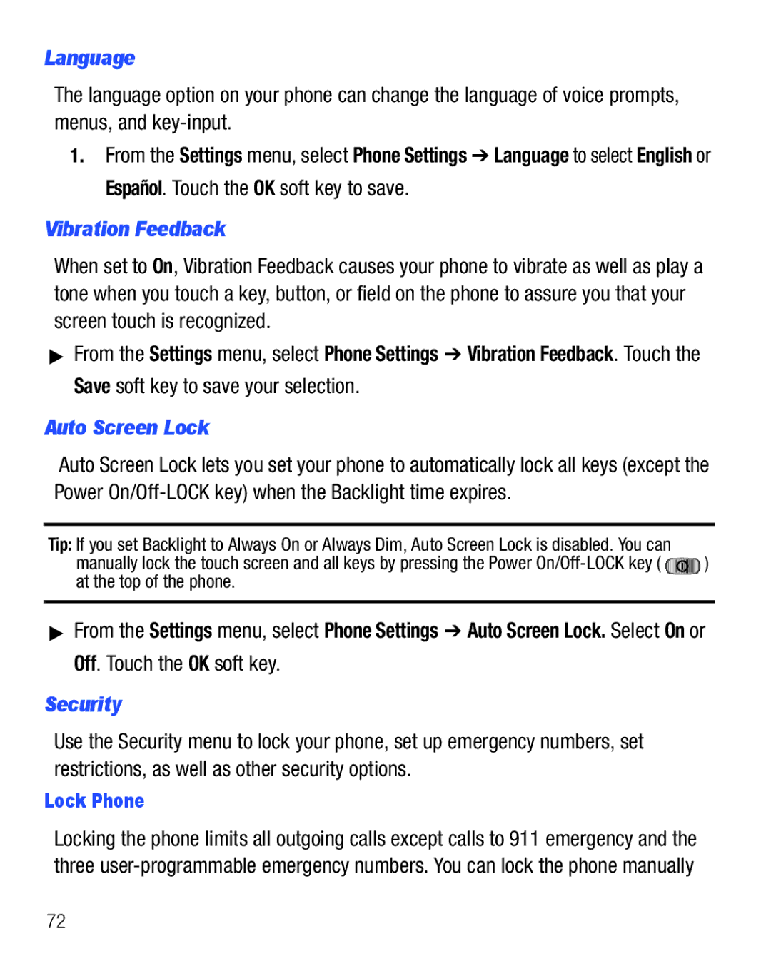 Samsung SCH-R810C user manual Language, Vibration Feedback, Auto Screen Lock, Security, Lock Phone 