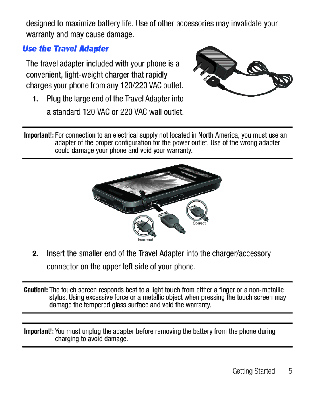 Samsung SCH-R810C user manual Use the Travel Adapter 