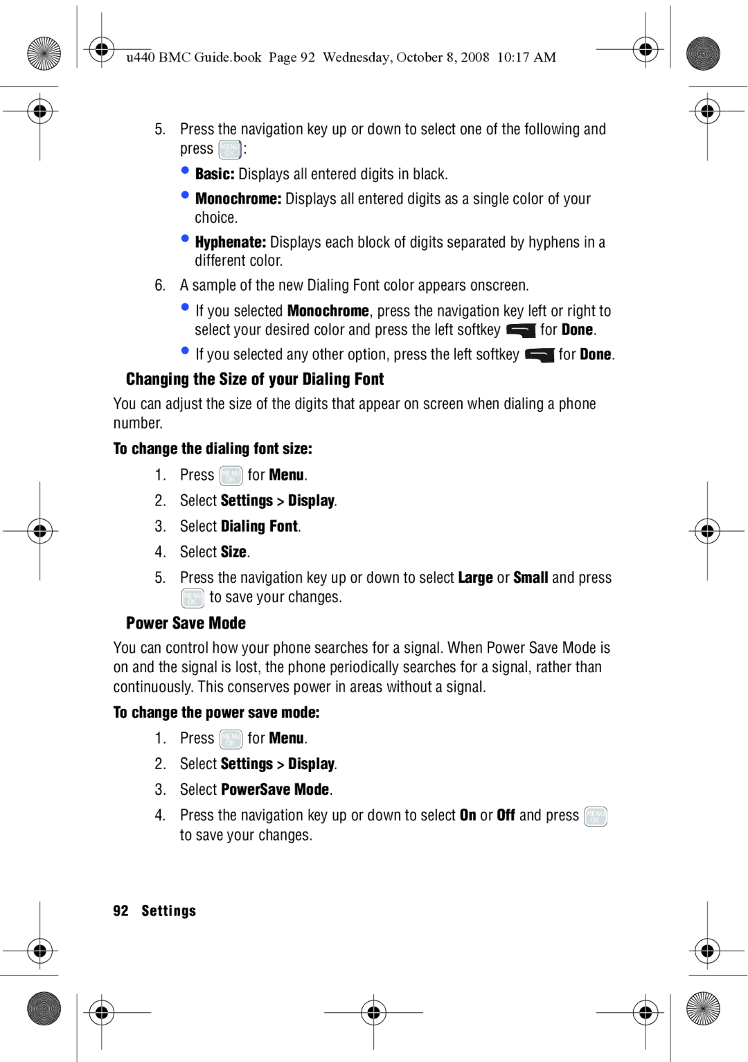 Samsung SCH-U440 manual Changing the Size of your Dialing Font, Power Save Mode, To change the dialing font size 