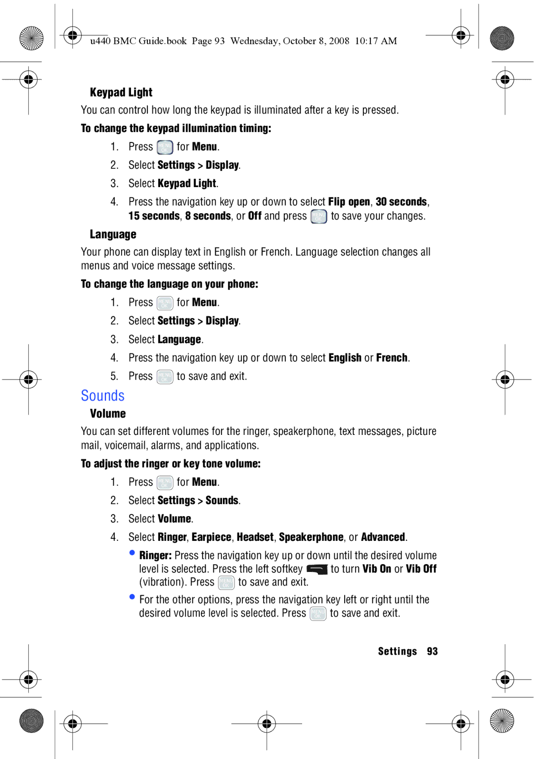 Samsung SCH-U440 manual Sounds, Keypad Light, Language 