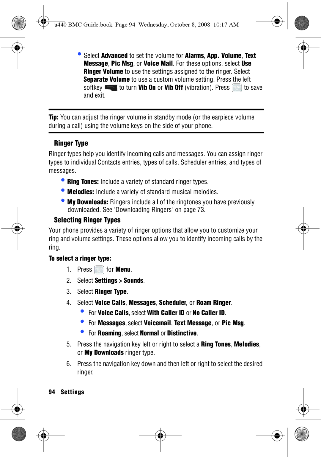 Samsung SCH-U440 manual Selecting Ringer Types, To select a ringer type 