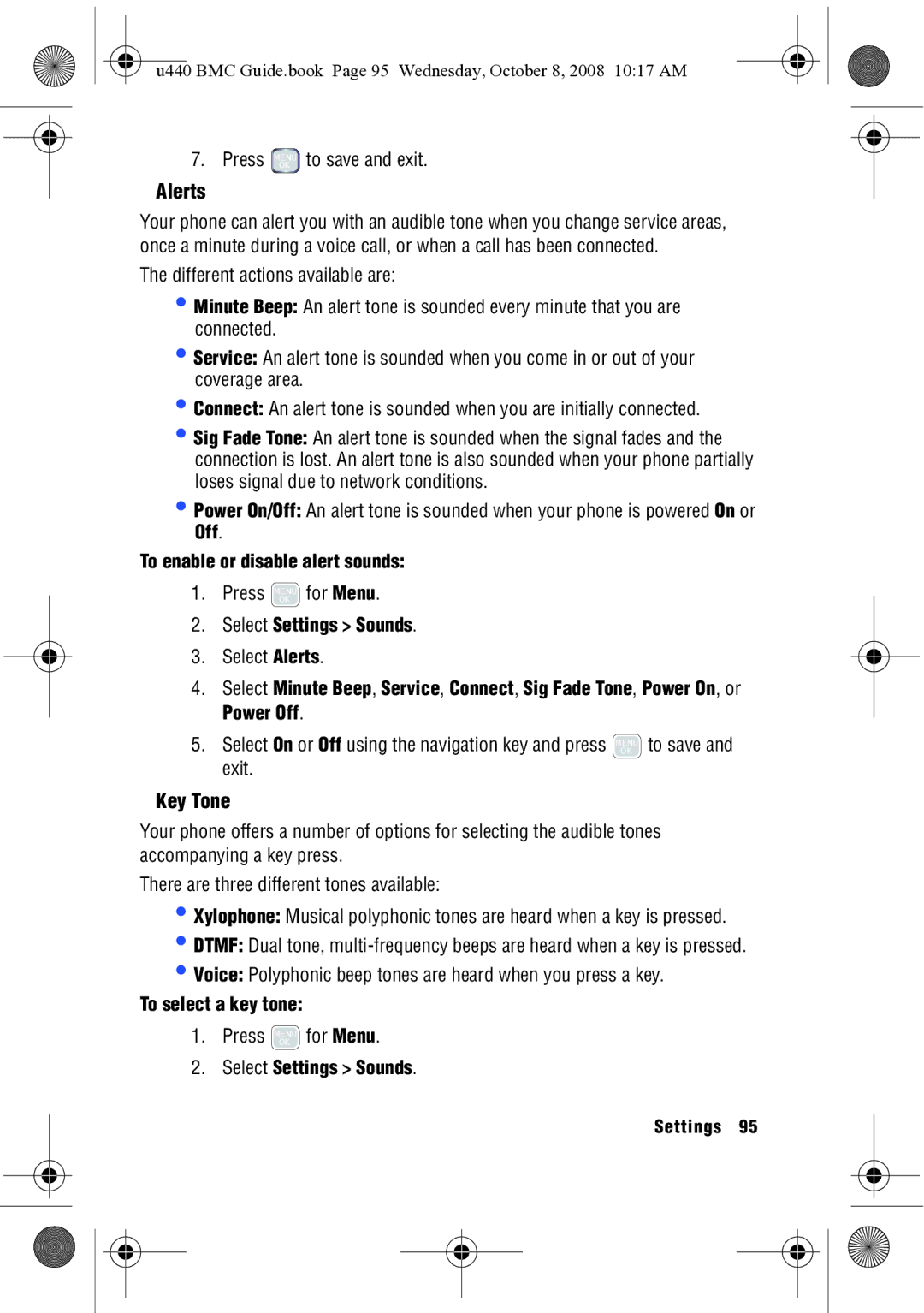 Samsung SCH-U440 manual Alerts, Key Tone, To enable or disable alert sounds, To select a key tone 