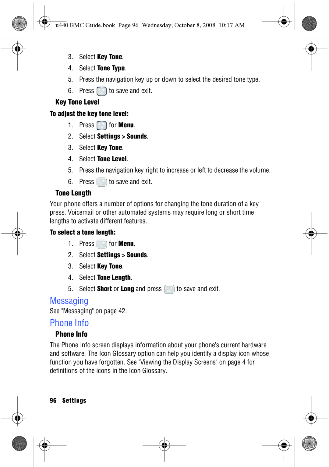 Samsung SCH-U440 manual Messaging, Phone Info, Key Tone Level, Tone Length 