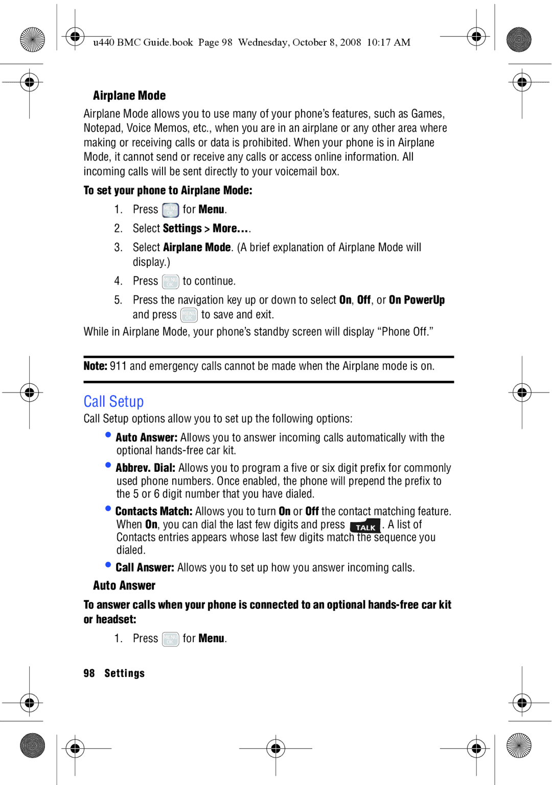 Samsung SCH-U440 manual Call Setup, Auto Answer, To set your phone to Airplane Mode 