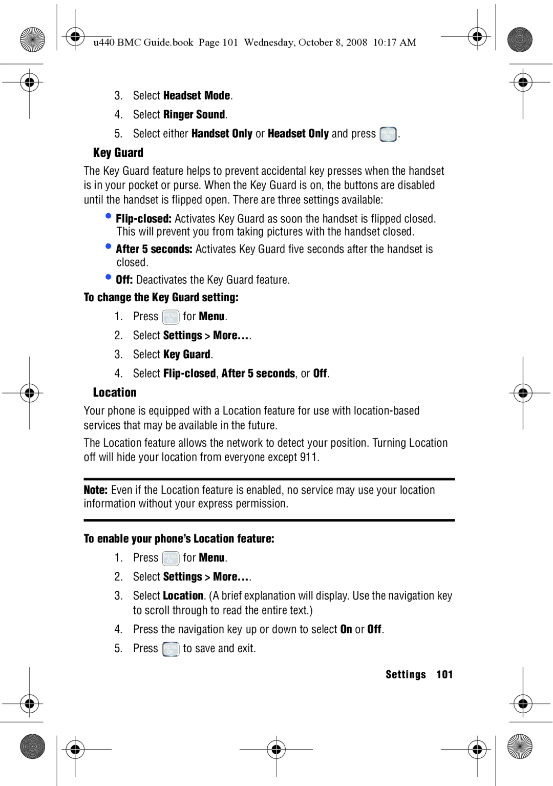 Samsung SCH-U440 manual Location, Select Headset Mode Select Ringer Sound, To change the Key Guard setting 