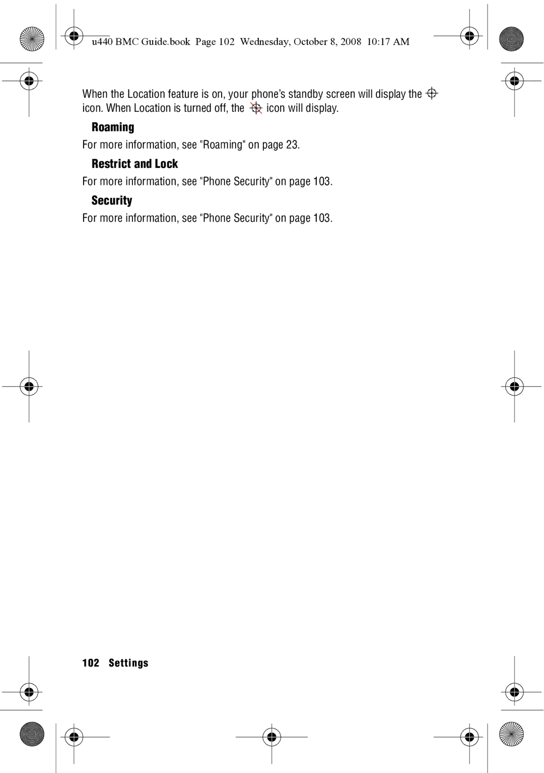 Samsung SCH-U440 manual Restrict and Lock, Security, For more information, see Roaming on 