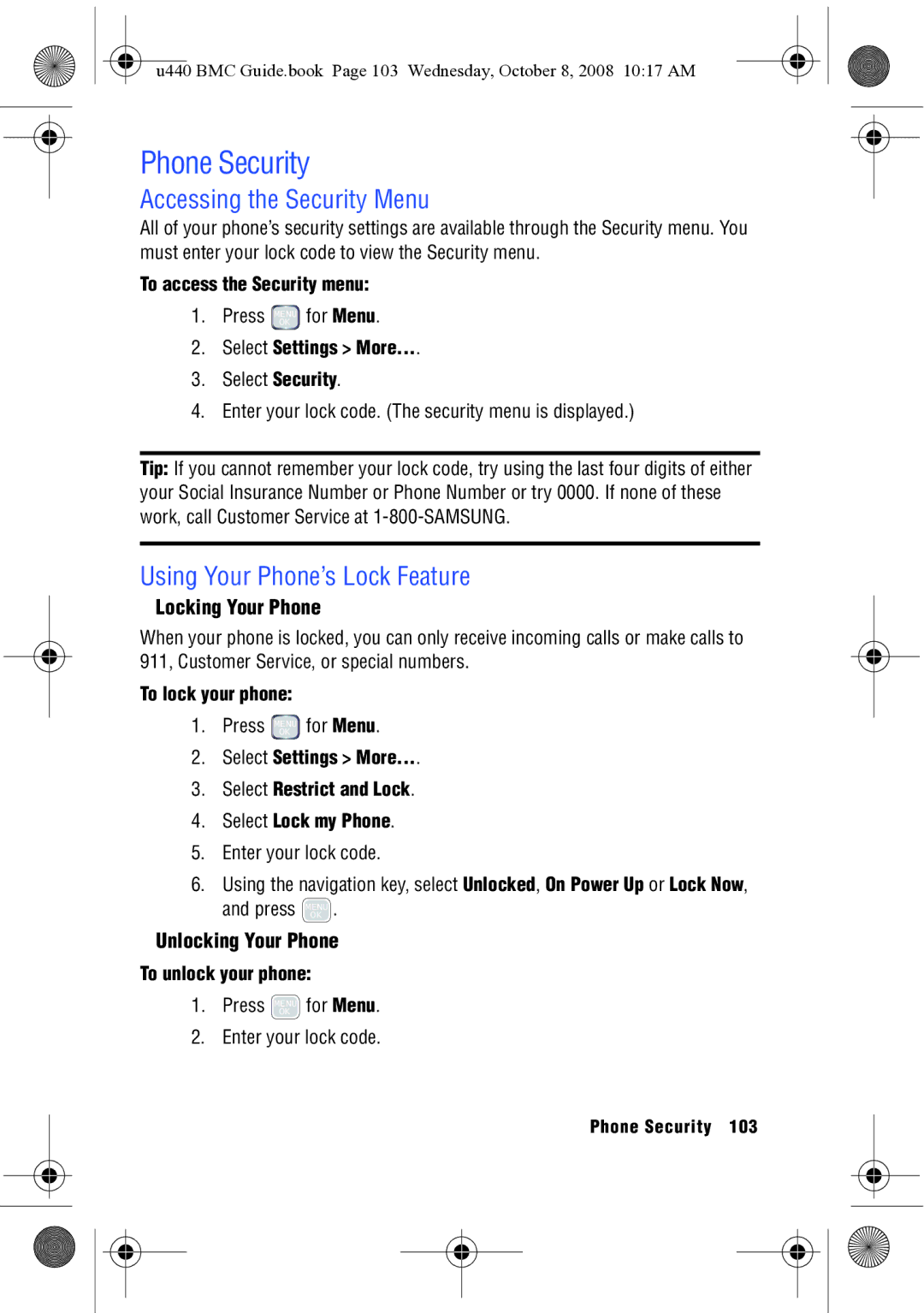 Samsung SCH-U440 manual Phone Security, Accessing the Security Menu, Using Your Phone’s Lock Feature 