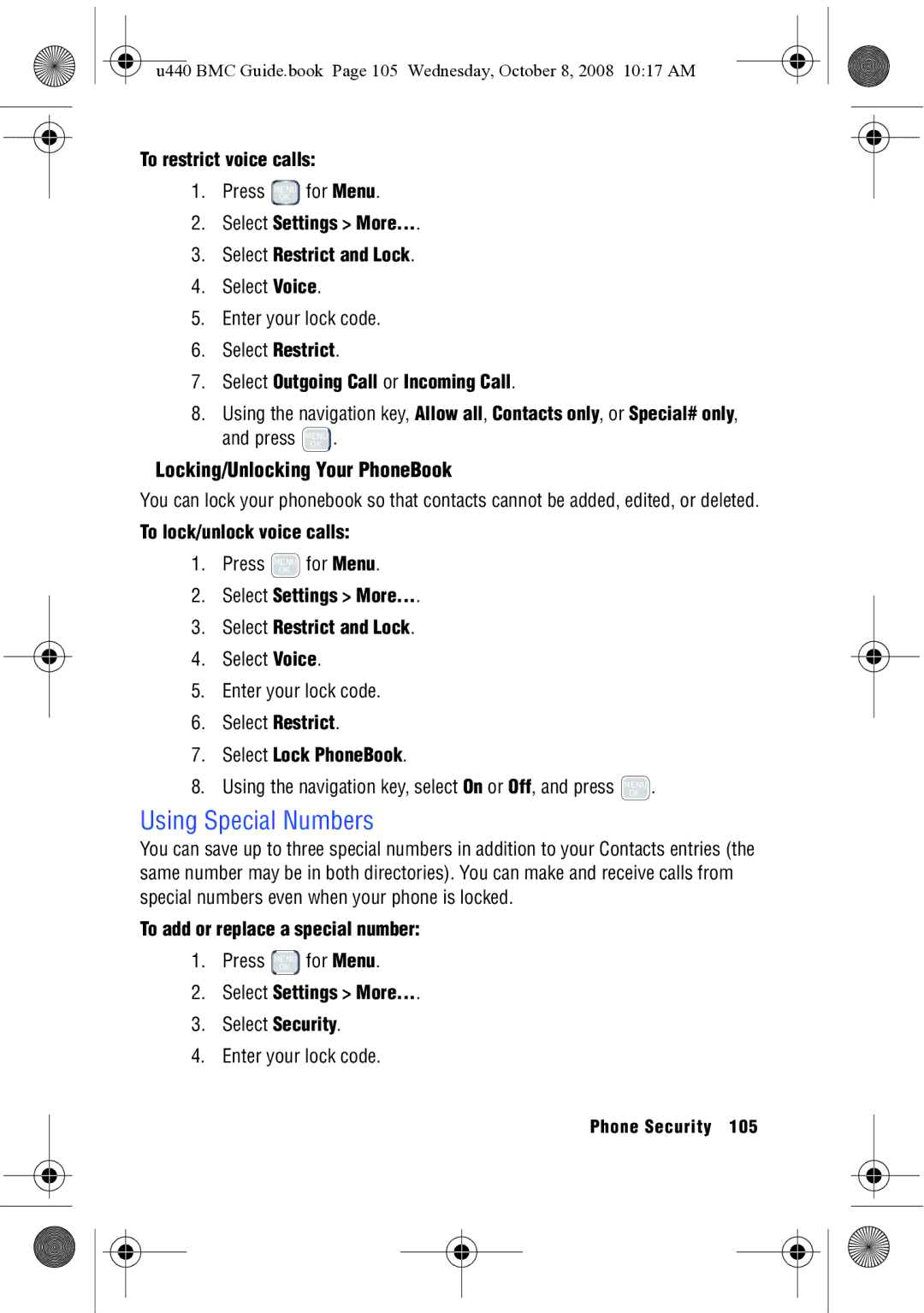 Samsung SCH-U440 manual Using Special Numbers, Locking/Unlocking Your PhoneBook 